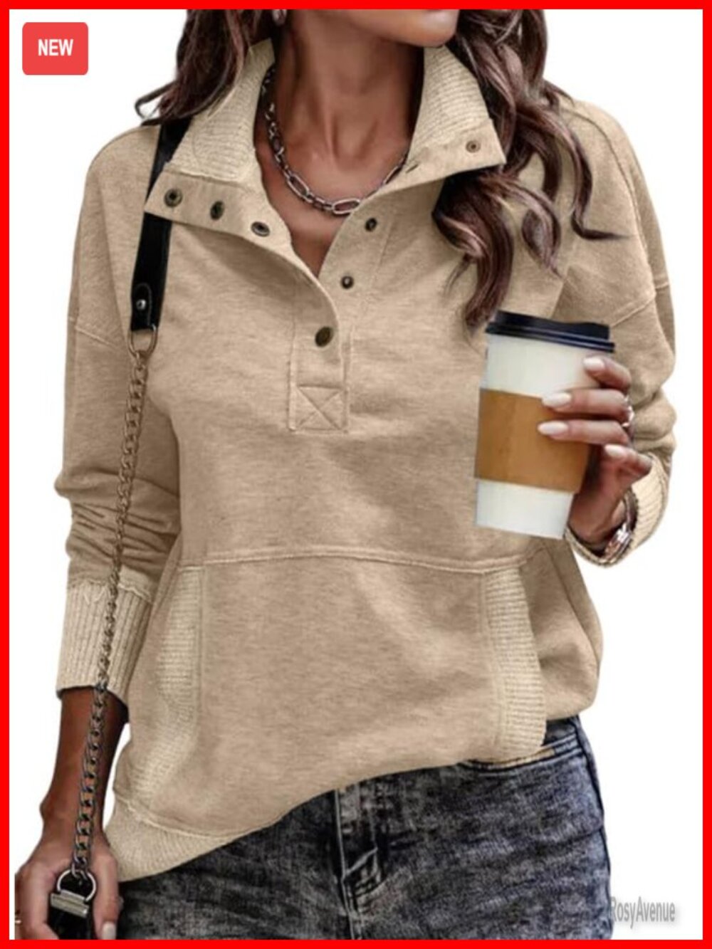 Women's Long Sleeve Button V-Neck Sweatshirt Pullover Casual